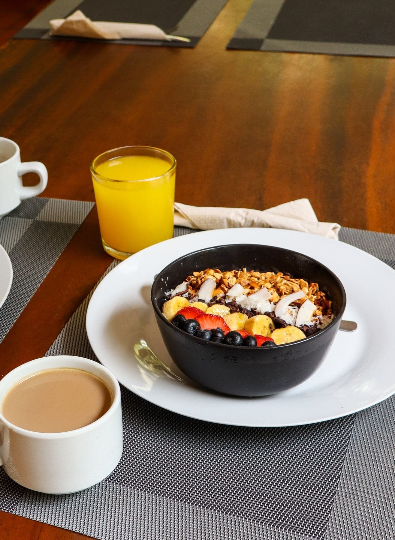 Fruit, coffee and a tropical breakfast